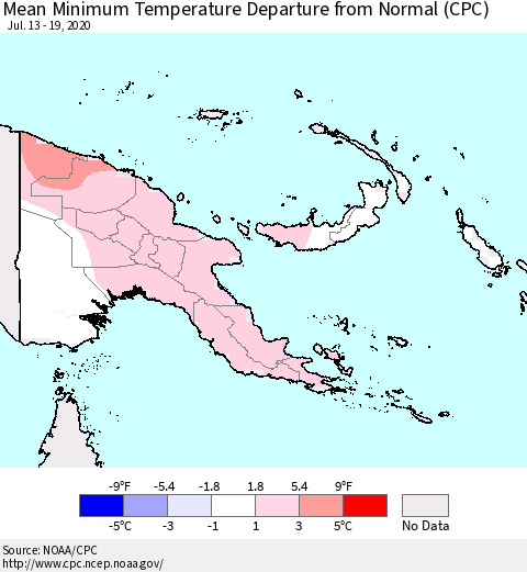 Papua New Guinea Mean Minimum Temperature Departure from Normal (CPC) Thematic Map For 7/13/2020 - 7/19/2020