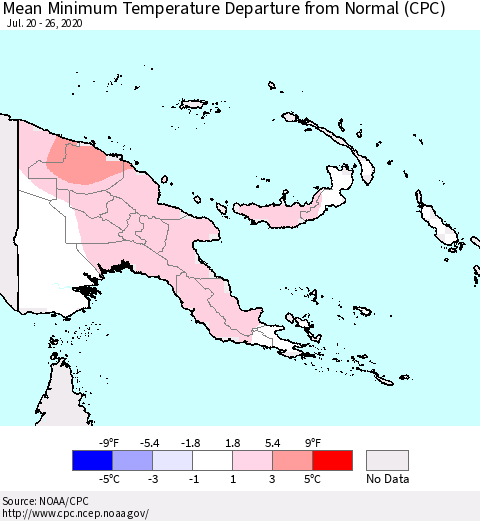 Papua New Guinea Mean Minimum Temperature Departure from Normal (CPC) Thematic Map For 7/20/2020 - 7/26/2020