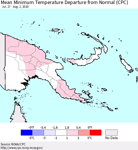 Papua New Guinea Mean Minimum Temperature Departure from Normal (CPC) Thematic Map For 7/27/2020 - 8/2/2020