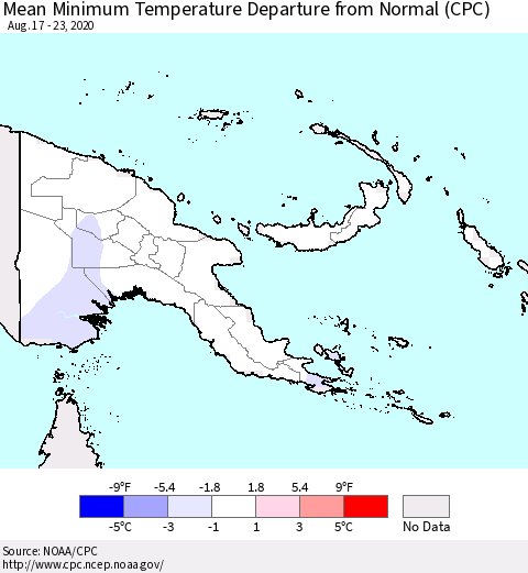Papua New Guinea Mean Minimum Temperature Departure from Normal (CPC) Thematic Map For 8/17/2020 - 8/23/2020