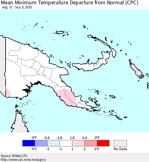 Papua New Guinea Mean Minimum Temperature Departure from Normal (CPC) Thematic Map For 8/31/2020 - 9/6/2020