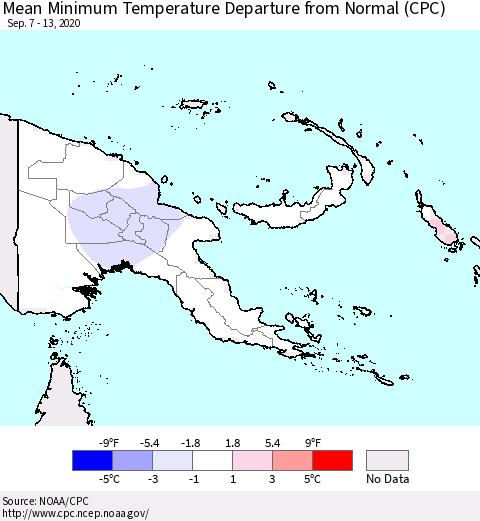 Papua New Guinea Mean Minimum Temperature Departure from Normal (CPC) Thematic Map For 9/7/2020 - 9/13/2020