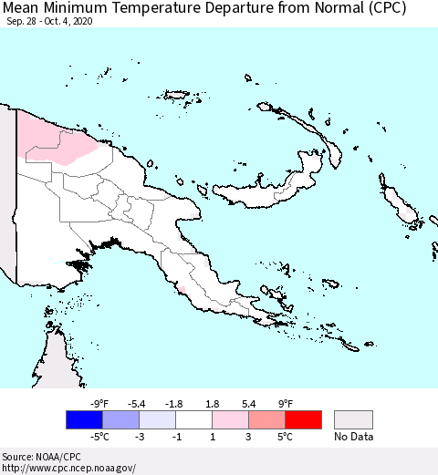 Papua New Guinea Mean Minimum Temperature Departure from Normal (CPC) Thematic Map For 9/28/2020 - 10/4/2020