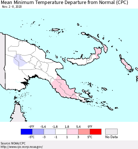 Papua New Guinea Mean Minimum Temperature Departure from Normal (CPC) Thematic Map For 11/2/2020 - 11/8/2020