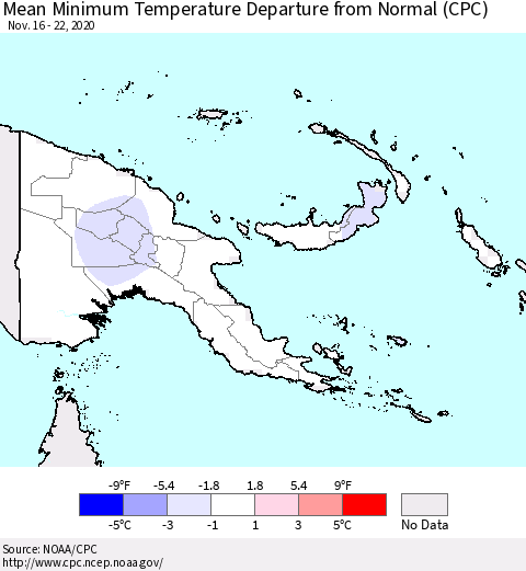 Papua New Guinea Mean Minimum Temperature Departure from Normal (CPC) Thematic Map For 11/16/2020 - 11/22/2020