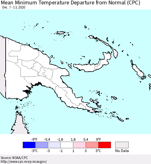 Papua New Guinea Mean Minimum Temperature Departure from Normal (CPC) Thematic Map For 12/7/2020 - 12/13/2020