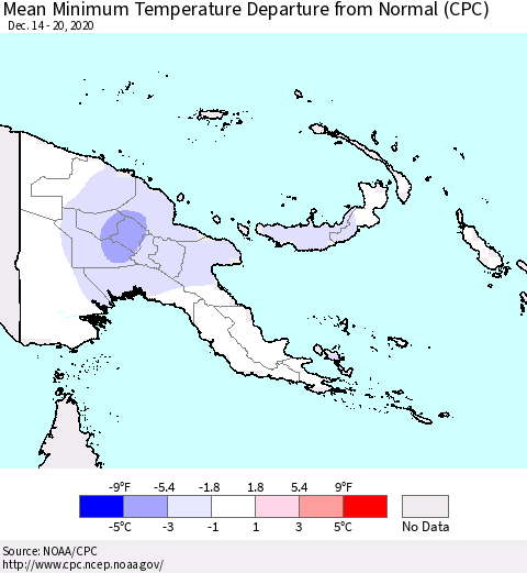 Papua New Guinea Mean Minimum Temperature Departure from Normal (CPC) Thematic Map For 12/14/2020 - 12/20/2020
