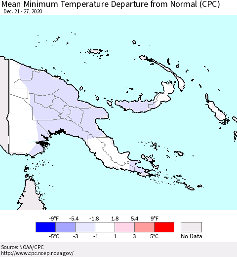 Papua New Guinea Mean Minimum Temperature Departure from Normal (CPC) Thematic Map For 12/21/2020 - 12/27/2020