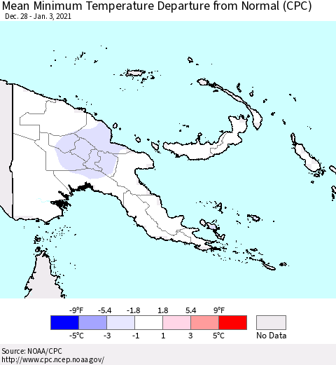 Papua New Guinea Mean Minimum Temperature Departure from Normal (CPC) Thematic Map For 12/28/2020 - 1/3/2021