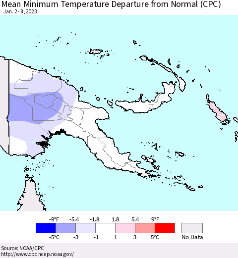 Papua New Guinea Mean Minimum Temperature Departure from Normal (CPC) Thematic Map For 1/2/2023 - 1/8/2023