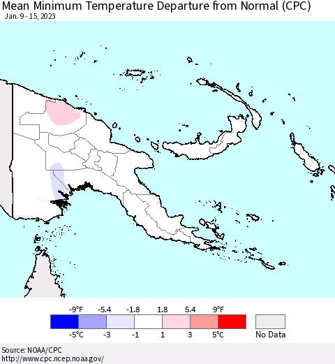 Papua New Guinea Mean Minimum Temperature Departure from Normal (CPC) Thematic Map For 1/9/2023 - 1/15/2023