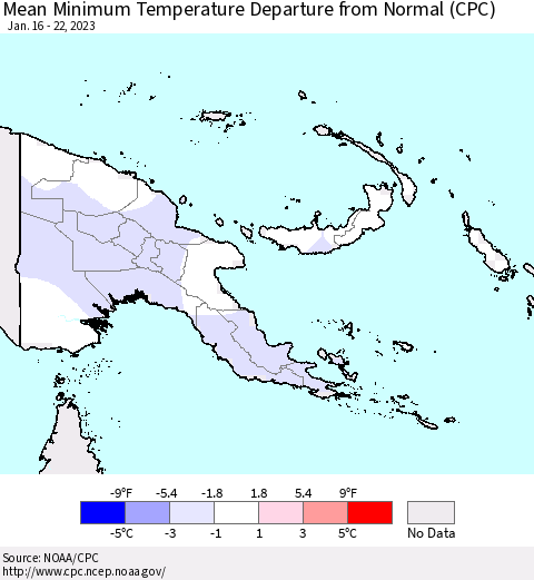 Papua New Guinea Mean Minimum Temperature Departure from Normal (CPC) Thematic Map For 1/16/2023 - 1/22/2023