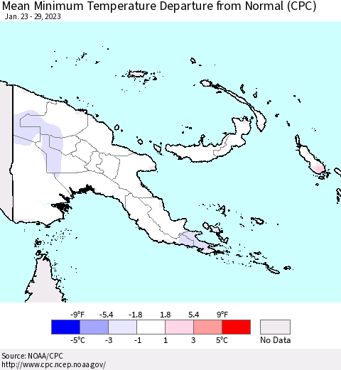 Papua New Guinea Mean Minimum Temperature Departure from Normal (CPC) Thematic Map For 1/23/2023 - 1/29/2023