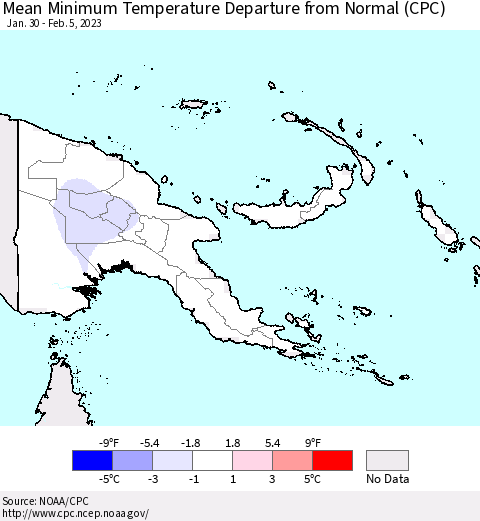 Papua New Guinea Mean Minimum Temperature Departure from Normal (CPC) Thematic Map For 1/30/2023 - 2/5/2023