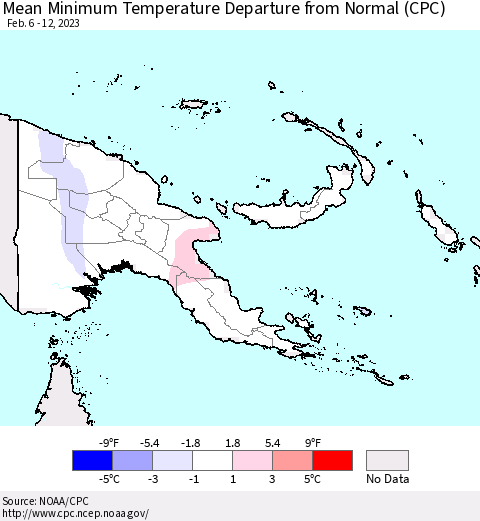 Papua New Guinea Mean Minimum Temperature Departure from Normal (CPC) Thematic Map For 2/6/2023 - 2/12/2023