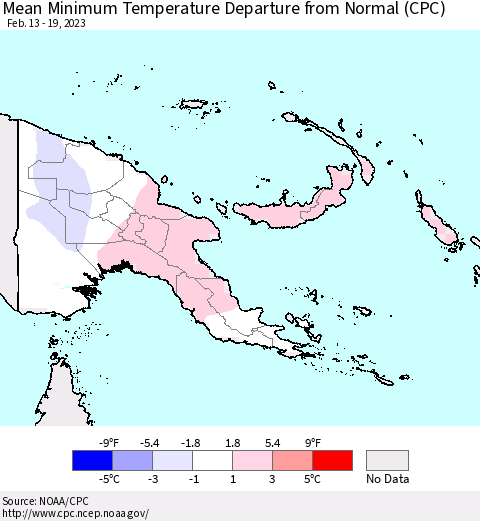 Papua New Guinea Mean Minimum Temperature Departure from Normal (CPC) Thematic Map For 2/13/2023 - 2/19/2023