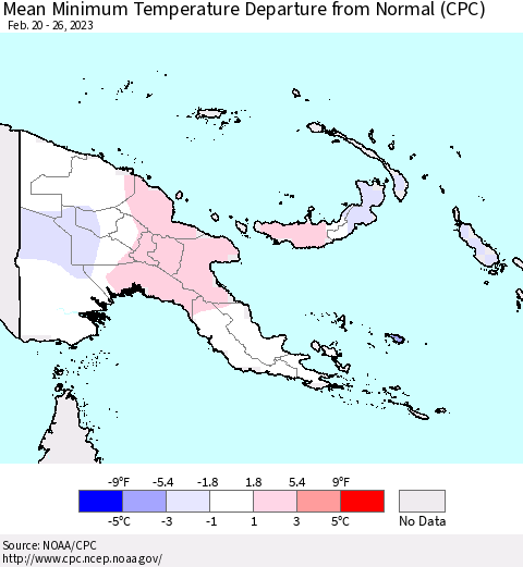 Papua New Guinea Mean Minimum Temperature Departure from Normal (CPC) Thematic Map For 2/20/2023 - 2/26/2023