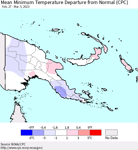Papua New Guinea Mean Minimum Temperature Departure from Normal (CPC) Thematic Map For 2/27/2023 - 3/5/2023
