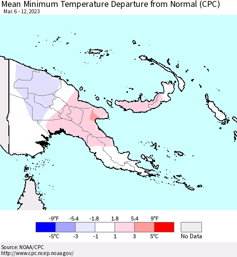 Papua New Guinea Mean Minimum Temperature Departure from Normal (CPC) Thematic Map For 3/6/2023 - 3/12/2023