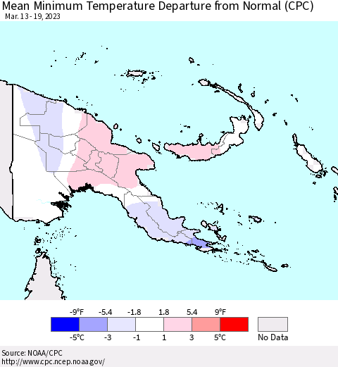 Papua New Guinea Mean Minimum Temperature Departure from Normal (CPC) Thematic Map For 3/13/2023 - 3/19/2023