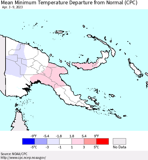 Papua New Guinea Mean Minimum Temperature Departure from Normal (CPC) Thematic Map For 4/3/2023 - 4/9/2023