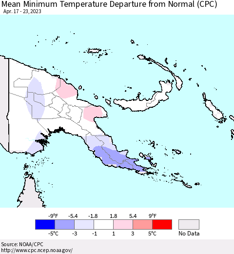 Papua New Guinea Mean Minimum Temperature Departure from Normal (CPC) Thematic Map For 4/17/2023 - 4/23/2023