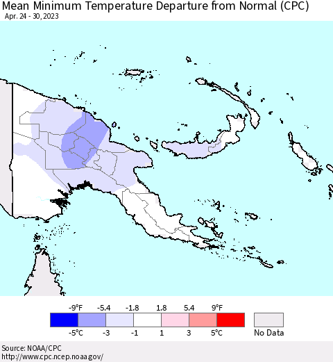 Papua New Guinea Mean Minimum Temperature Departure from Normal (CPC) Thematic Map For 4/24/2023 - 4/30/2023