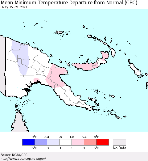 Papua New Guinea Mean Minimum Temperature Departure from Normal (CPC) Thematic Map For 5/15/2023 - 5/21/2023