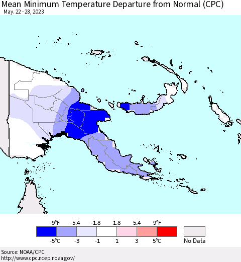 Papua New Guinea Mean Minimum Temperature Departure from Normal (CPC) Thematic Map For 5/22/2023 - 5/28/2023