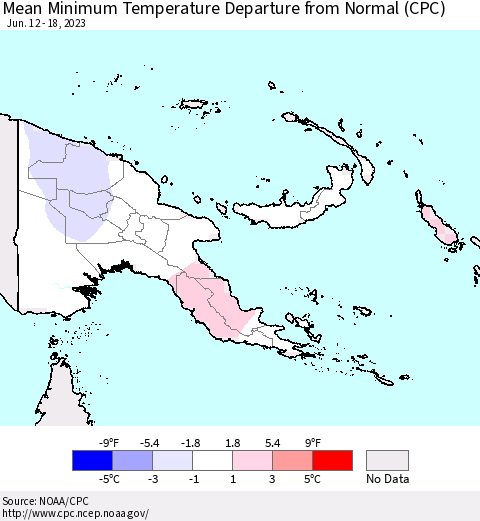 Papua New Guinea Mean Minimum Temperature Departure from Normal (CPC) Thematic Map For 6/12/2023 - 6/18/2023