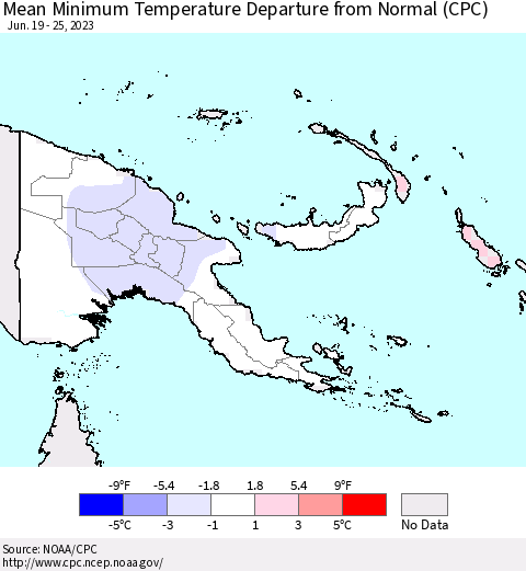 Papua New Guinea Mean Minimum Temperature Departure from Normal (CPC) Thematic Map For 6/19/2023 - 6/25/2023