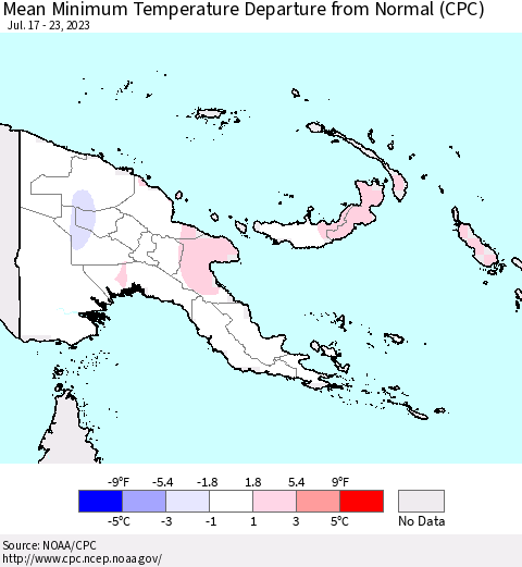 Papua New Guinea Mean Minimum Temperature Departure from Normal (CPC) Thematic Map For 7/17/2023 - 7/23/2023