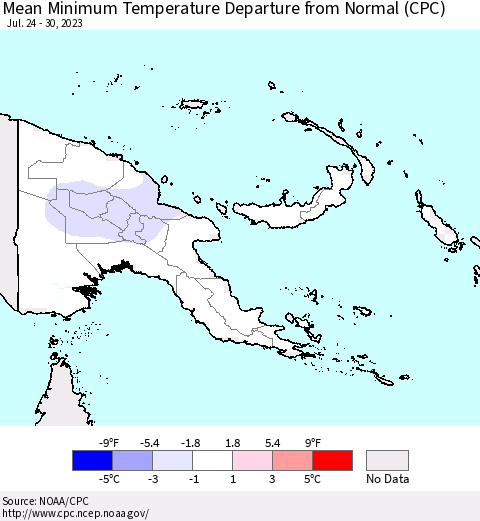 Papua New Guinea Mean Minimum Temperature Departure from Normal (CPC) Thematic Map For 7/24/2023 - 7/30/2023