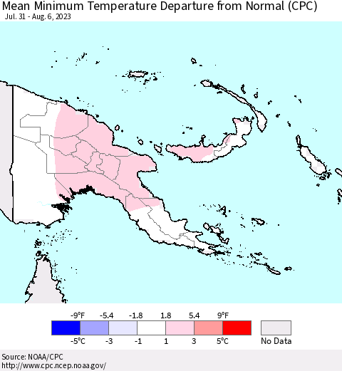Papua New Guinea Mean Minimum Temperature Departure from Normal (CPC) Thematic Map For 7/31/2023 - 8/6/2023