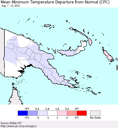 Papua New Guinea Mean Minimum Temperature Departure from Normal (CPC) Thematic Map For 8/7/2023 - 8/13/2023