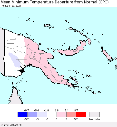 Papua New Guinea Mean Minimum Temperature Departure from Normal (CPC) Thematic Map For 8/14/2023 - 8/20/2023