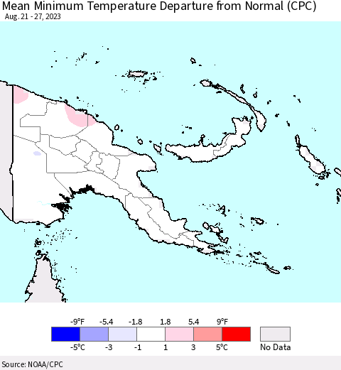 Papua New Guinea Mean Minimum Temperature Departure from Normal (CPC) Thematic Map For 8/21/2023 - 8/27/2023