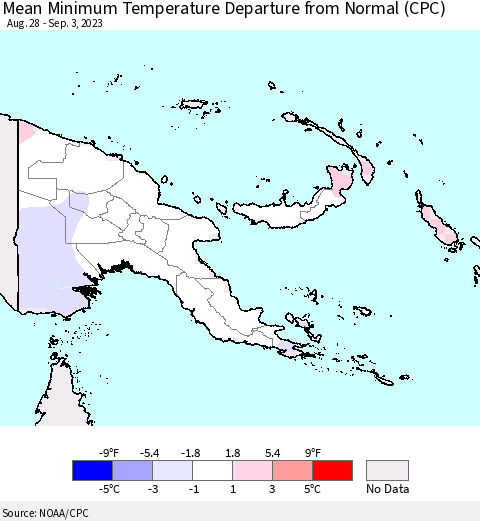 Papua New Guinea Mean Minimum Temperature Departure from Normal (CPC) Thematic Map For 8/28/2023 - 9/3/2023