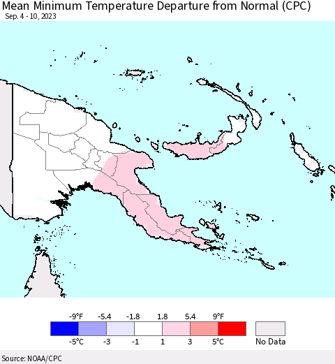 Papua New Guinea Mean Minimum Temperature Departure from Normal (CPC) Thematic Map For 9/4/2023 - 9/10/2023