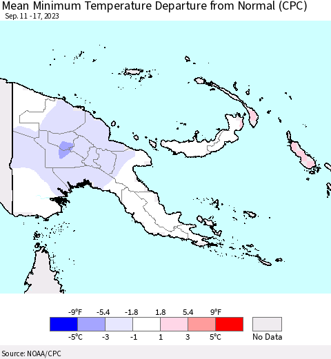 Papua New Guinea Mean Minimum Temperature Departure from Normal (CPC) Thematic Map For 9/11/2023 - 9/17/2023
