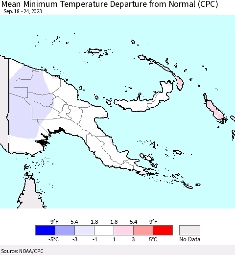 Papua New Guinea Mean Minimum Temperature Departure from Normal (CPC) Thematic Map For 9/18/2023 - 9/24/2023