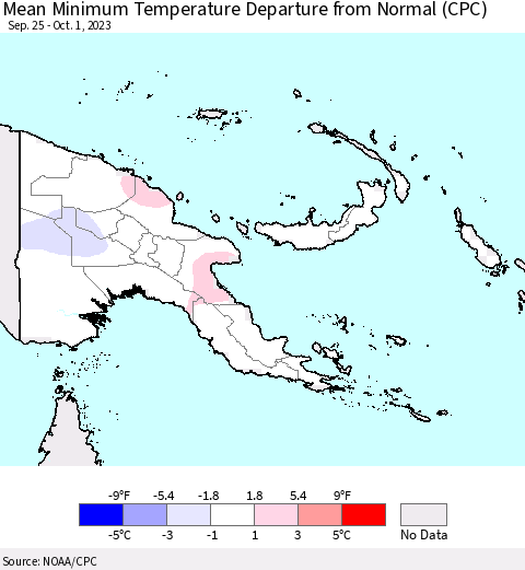 Papua New Guinea Mean Minimum Temperature Departure from Normal (CPC) Thematic Map For 9/25/2023 - 10/1/2023