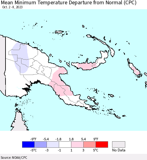 Papua New Guinea Mean Minimum Temperature Departure from Normal (CPC) Thematic Map For 10/2/2023 - 10/8/2023