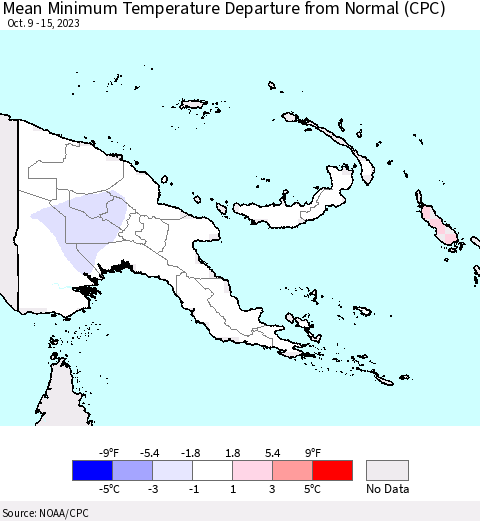 Papua New Guinea Mean Minimum Temperature Departure from Normal (CPC) Thematic Map For 10/9/2023 - 10/15/2023