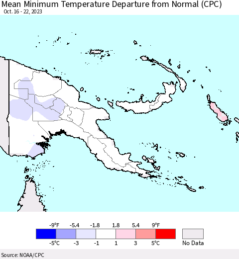 Papua New Guinea Mean Minimum Temperature Departure from Normal (CPC) Thematic Map For 10/16/2023 - 10/22/2023