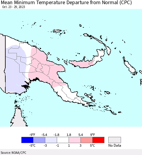 Papua New Guinea Mean Minimum Temperature Departure from Normal (CPC) Thematic Map For 10/23/2023 - 10/29/2023