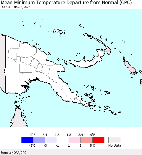 Papua New Guinea Mean Minimum Temperature Departure from Normal (CPC) Thematic Map For 10/30/2023 - 11/5/2023