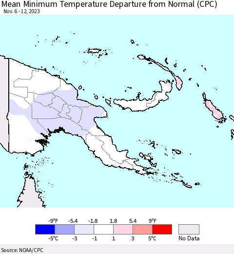 Papua New Guinea Mean Minimum Temperature Departure from Normal (CPC) Thematic Map For 11/6/2023 - 11/12/2023