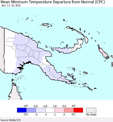 Papua New Guinea Mean Minimum Temperature Departure from Normal (CPC) Thematic Map For 11/13/2023 - 11/19/2023