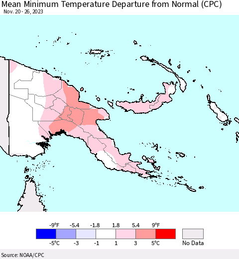 Papua New Guinea Mean Minimum Temperature Departure from Normal (CPC) Thematic Map For 11/20/2023 - 11/26/2023